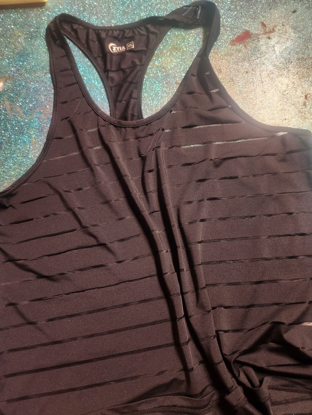 ZYIA Black Red & Navy Strappy Racerback Tank X's 3 with Sheer Stripe Detail